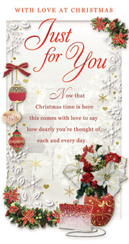 A Christmas card that says "With love at Christmas, just for you."