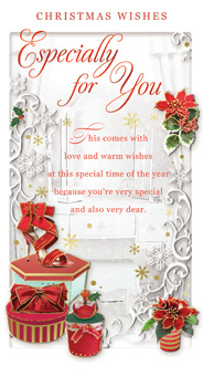 A Christmas card that says 'especially for you' on it.