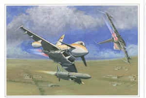 A painting of two fighter jets flying over a field.