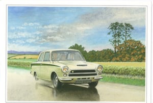 A painting of a white car with a license plate that says 'a' on it.