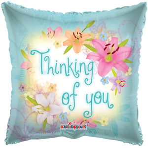 A balloon that says "thinking of you" on it.
(Note: The original sentence is already grammatically correct.)
