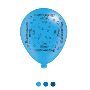 A blue balloon that says "on your christening."