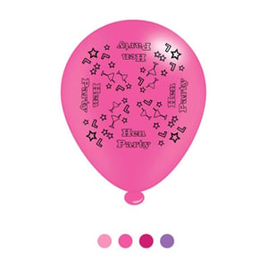 A pink balloon with "hen party" written on it.