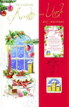 A Christmas card that says "To a special Auntie and Uncle at Christmas."