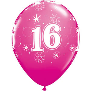 A pink balloon with the number 16 on it.