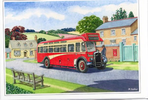 A painting of a red bus that says "Post Office."
