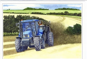 A blue tractor driving down a dirt road.