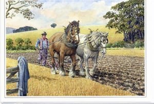 A painting of a man ploughing a field with two horses.