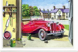 A painting of a red car with a license plate TD52.