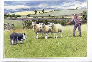 A painting of a man, a dog, and sheep in the background.