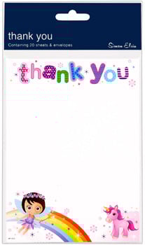 A thank-you card with a fairy and unicorn on it.