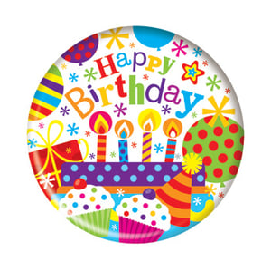 A colorful birthday plate with cupcakes and balloons.