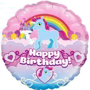 A happy birthday balloon with a unicorn and a rainbow on it.