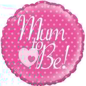 A pink polka dot balloon with the words "mum to be" and a heart on it.