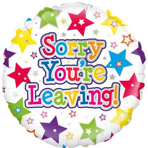 A "Sorry you're leaving" balloon with colorful stars on it.