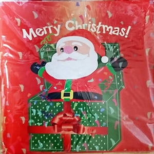 A Merry Christmas card with Santa coming out of a gift box.