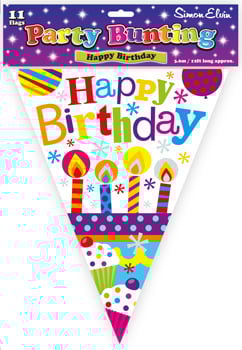 A party bunting that says "Happy Birthday" on it.