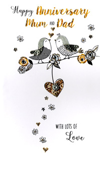 A card that says "Happy Anniversary, Mum and Dad," with lots of love.