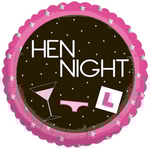 A hen night balloon with a martini glass and underwear is on it.