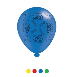 A blue balloon with the number 65 on it.