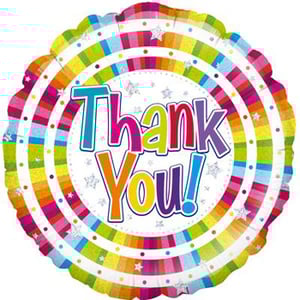 A colorful thank-you balloon with a rainbow-striped background.