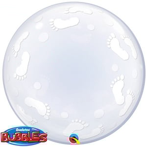 A clear Qualatex bubble with white footprints on it.