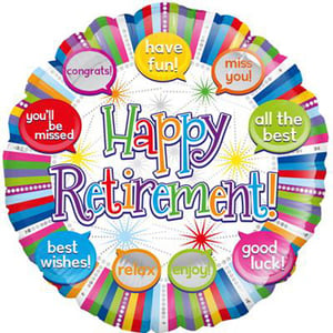 A colorful balloon that says "happy retirement" with speech bubbles around it.