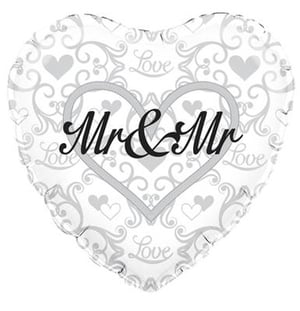 A heart-shaped balloon with the words "Mr. and Mr." on it.