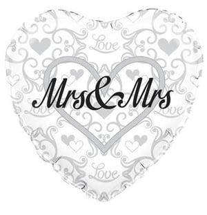 A heart-shaped balloon with the words Mrs. and Mrs. on it.
