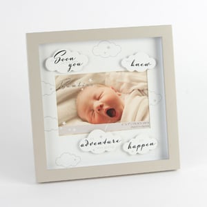 A picture frame with the words "good," "you," "knew," and "adventure" happen.