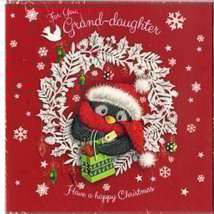 A Christmas card for a granddaughter with a penguin wearing a Santa hat.