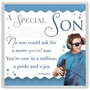 A poster that says "a special son" on it.