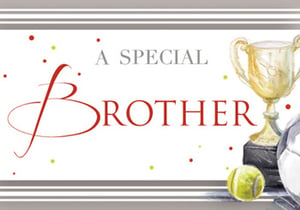 A greeting card for a special brother with trophies and tennis balls.