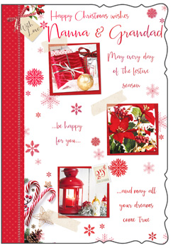 A Christmas card that says "Happy Christmas wishes, Nanna and Granddad."