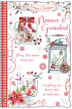 A Christmas card that says "Happy Christmas, Nanna and Grandad."