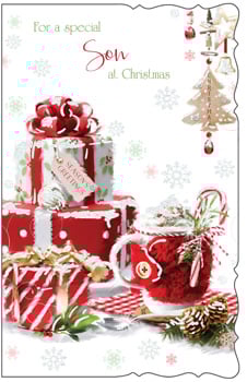 A Christmas card that says, "For a special son at Christmas."