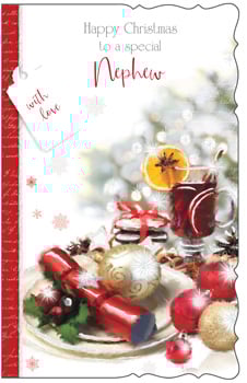 A Christmas card that says "Happy Christmas" to a special nephew.