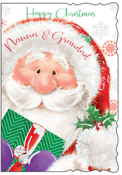 A Christmas card that says "Happy Christmas, Nanna and Grandad."