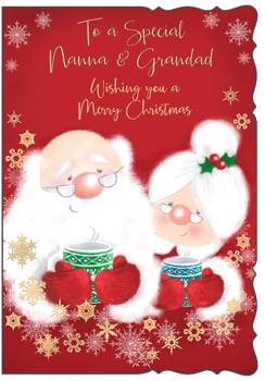 A Christmas card that says to a special Nanna and Grandad, wishing you a Merry Christmas.