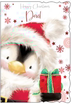 A happy Christmas dad card with a penguin holding a gift.