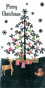 A Merry Christmas card with a Christmas tree and reindeer.