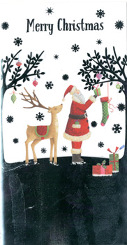 A Merry Christmas card with Santa and a reindeer.