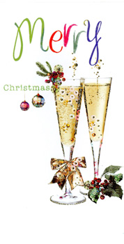 A Merry Christmas card with two glasses of champagne.