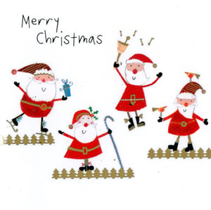 A Merry Christmas card with Santa Clauses on it.
