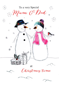 A Christmas card that says to a very special Mum and Dad at Christmas time.