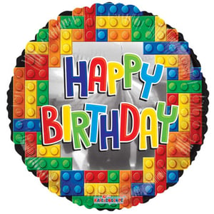 A Happy Birthday balloon with Lego blocks on it.