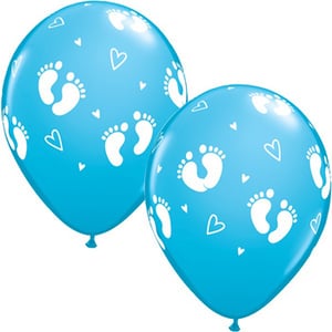 None of the balloons has blue colors, they each have a white footprint and a heart design on them.