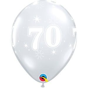 A clear balloon with the number 70 on it.
(The sentence is already correct grammatically)