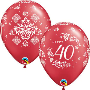 A red balloon that says "happy 40th" on it.