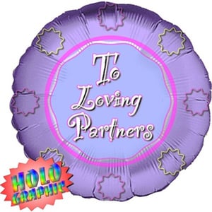 A purple balloon that says "to loving partners."